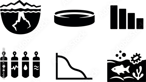 Solid style icons of under-ice ocean search: abyssal cavity icon, water reservoir silhouette, temperature gradient bars, chemical