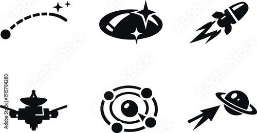 Solid style icons of interstellar probe detection: unidentified trajectory arc, metallic-reflection signature, propulsion plume