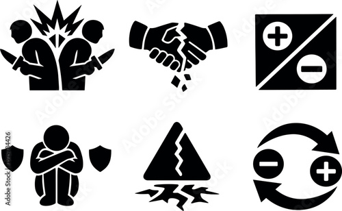 Solid style icons of mutual betrayal outcome: conflict burst, collapse of trust line, zero-sum box, defensive posture icon,