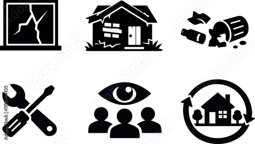 Solid style icons of broken windows theory: cracked window icon, neglected facade, disorder cue, maintenance intervention node,