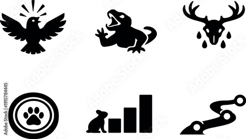 Solid style icons of animal signaling strategies: honest signal flare, bluff gesture icon, cost-of-signal marker, selective