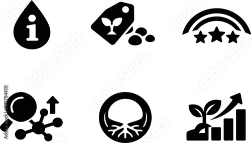 Solid style icons of metadata as garden nutrients: information droplet, tag-nutrient granules, enrichment arc, search-boost node,
