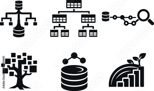 Solid style icons of database trees: root-index icon, table-branch segments, query pathway, structured foliage, storage ring,