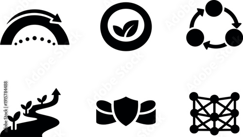 Solid style icons of long-term ethical stewardship: continuity arc, principle-preservation ring, iterative review node,