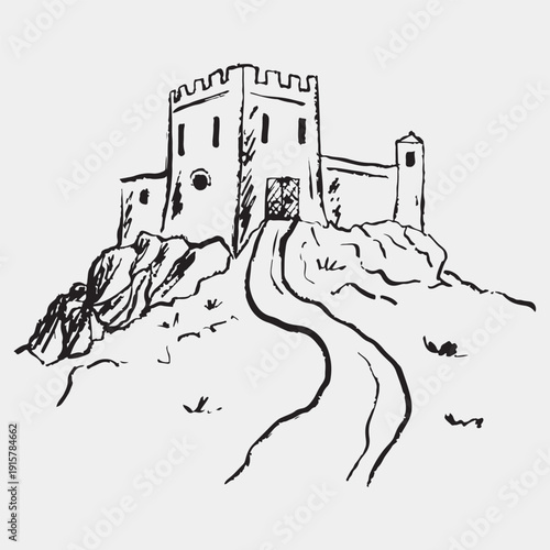 Hand drawn medieval castle perched on a rocky hill. Historical, fantasy, or architectural themes. Vector sketch illustration in vintage crayon charcoal style. Fantasy landscape, nature