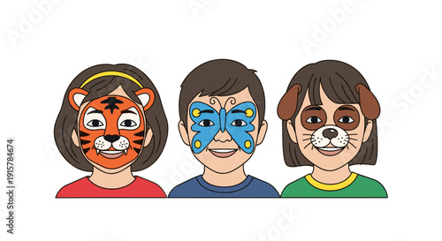 Children with animal face paint for carnival and festival celebration concept