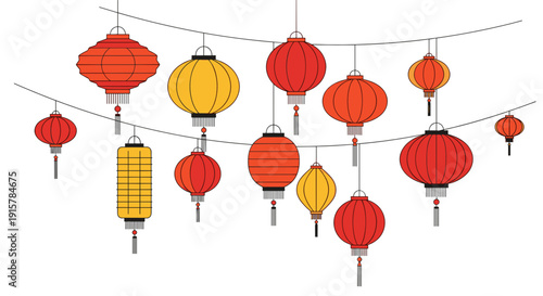 Red and yellow Chinese lanterns hanging for Lunar New Year festival decoration concept