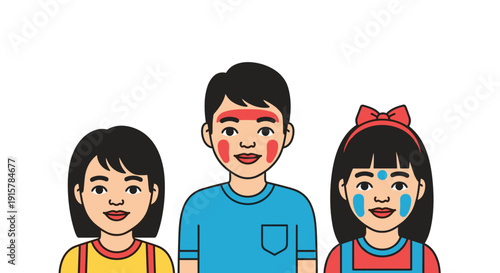 Three children with face paint for festival fun and celebration concept