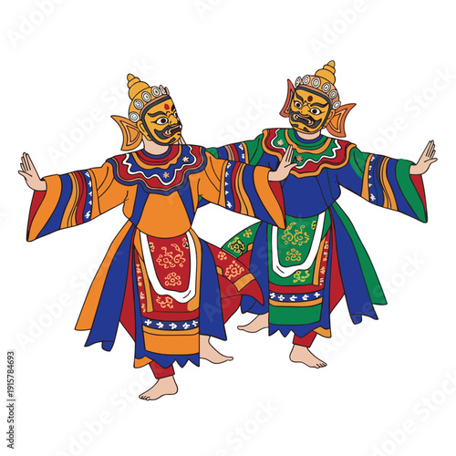 Traditional Asian masked dancers in ornate costumes for cultural festival performance concept