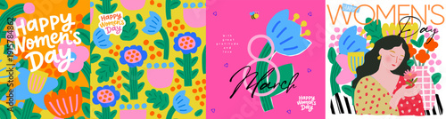 Happy Women's Day, March 8th. Vector cute naive illustration of a floral seamless pattern, bold typography, folk style flowers and a female portrait for a greeting card, background, poster, postcard, 