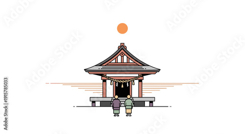 Asian temple with visitors at sunset for spiritual pilgrimage and cultural heritage concept