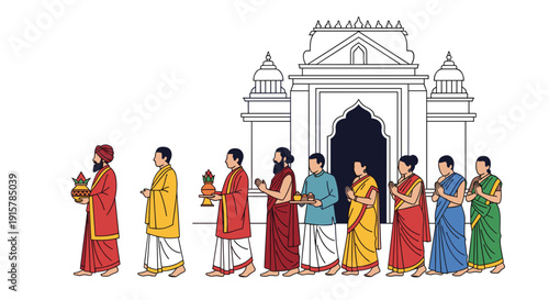 Indian devotees in traditional attire at temple for religious ceremony and cultural devotion concept
