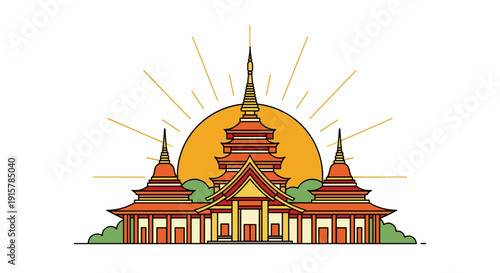 Asian temple with sun rays for spiritual heritage and religious architecture concept