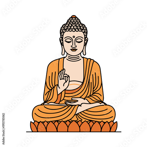 Buddha statue in orange robe meditating on lotus for spiritual enlightenment and Buddhism concept