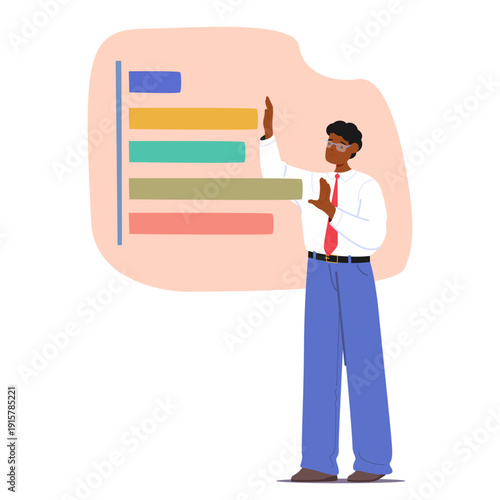 Man character with analytical mindset type focused on thinking in comprehensive graphs and charts