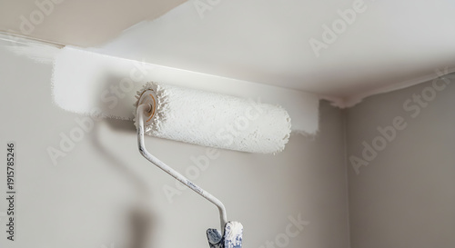 Paint roller applying white paint to ceiling edge in a room