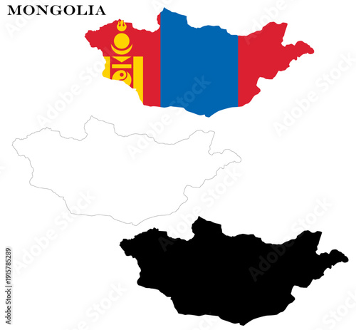 Mongolia Country Maps Bundle with National Flag, Black Silhouette and Detailed Outline Contours
