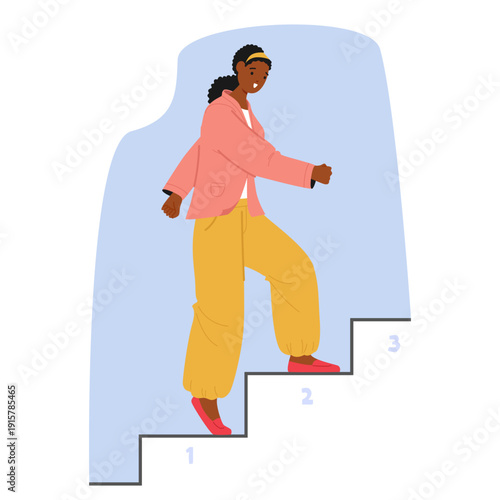 Woman walking up stairs representing linear mindset showing sequential thinking, step-by-step logic
