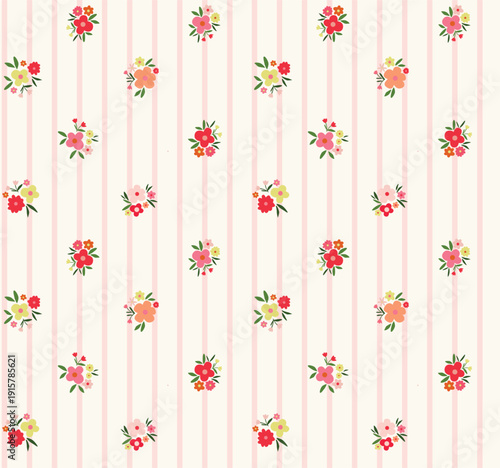 pink striped fabric with pink floral patterns, featuring small daisies or cosmos flowers, adorned with leaf motifs, creates, sweet look. White floral and leaf pattern on a pink striped background