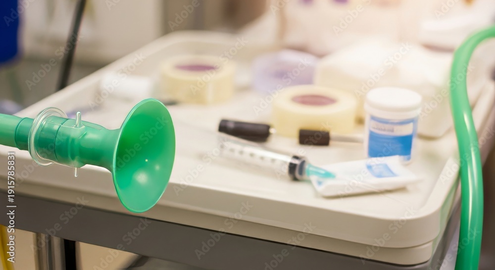 Fototapeta premium Medical Nebulizer Mask with Supplies on Hospital Cart