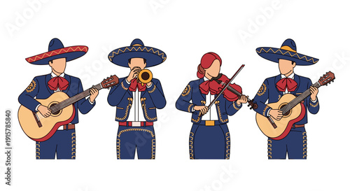 Mariachi band musicians with guitars and trumpet for Mexican cultural festival and fiesta concept