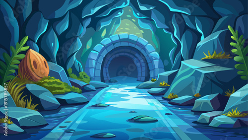 Simple cartoon vector of underwater rocky tunnel fading into darker blue depth flat clean ocean style