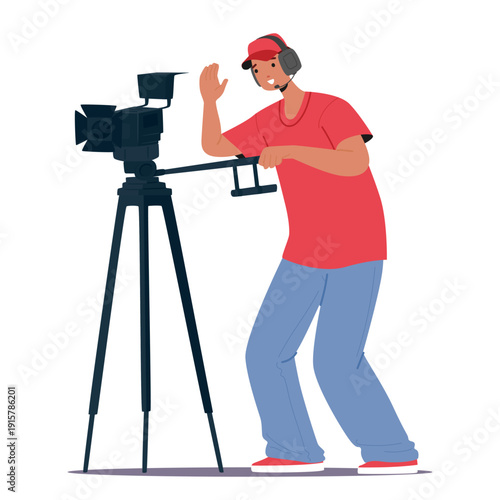 Professional cameraman character filming with video camera on tripod isolated on white background