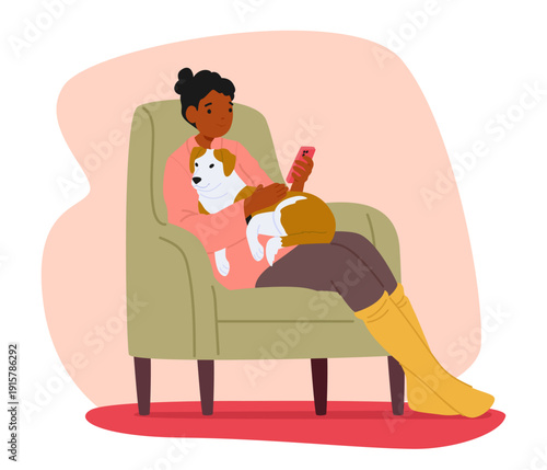 Young woman character surfing internet via smartphone while sitting on armchair with dog in hugs