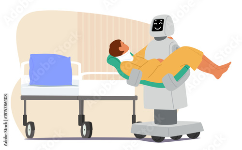 AI robot providing medical assistance to patient with cervical vertebrae fracture cartoon scene