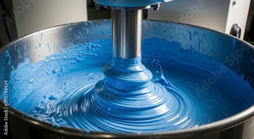 Blue paint mixing in industrial metal container with mechanical agitator