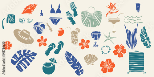 Hand drawn summer vacation elements including tropical flowers, leaves, drinks, shells, spf, swimwear, suitcase, hat. line art style. Suitable for posters, packaging, web stickers