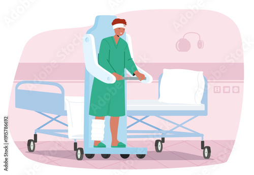 Advanced healthcare technology cartoon scene with patient using wearable robotic exoskeleton to walk