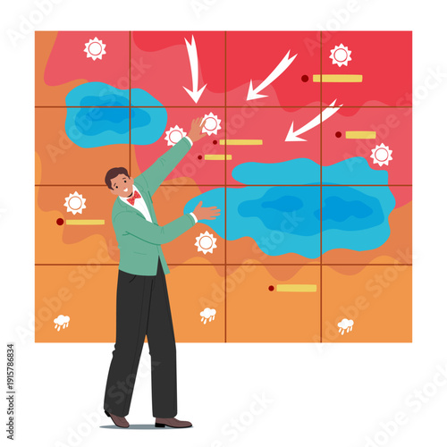 Professional anchor presenting live weather report with forecast map and cyclone path scene