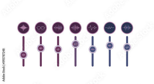A series of abstract symbols on sticks in a gradient of purple and blue hues.