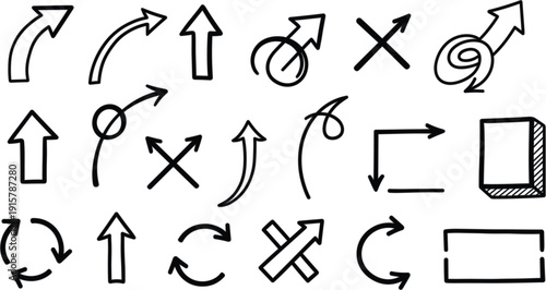 Hand drawn arrow vector set with curved straight and circular directional pointers plus cross marks and frames for creative layout design