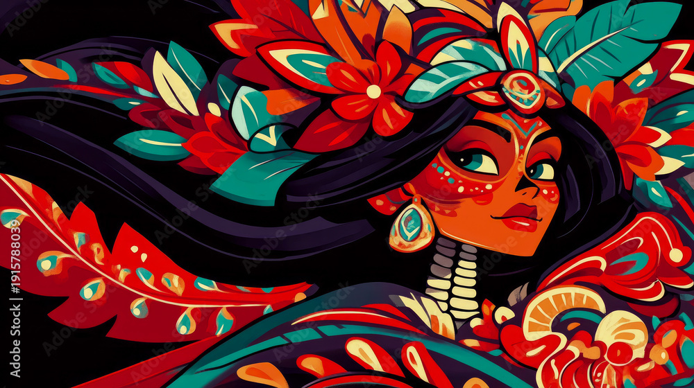 Fototapeta premium Majestic portrait of stylized Catrina figure with intricate skull-like detailing on her neck, framed by vibrant red and teal jungle flowers, capturing festive spirit of ancient culture.