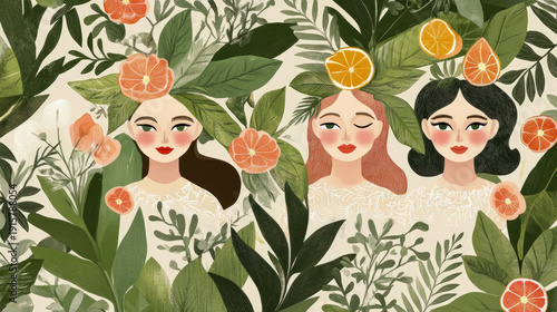 Charming illustration of three joyful women blending seamlessly into lush jungle environment, adorned with vibrant grapefruit and orange citrus blossoms and expansive green tropical leaves.
