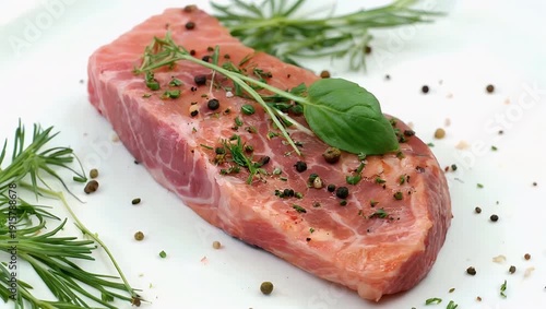 Cinematic 4K footage of raw salmon steak with herbs spices with camera moving around the object to highlight texture color culinary appeal food cooking stock 