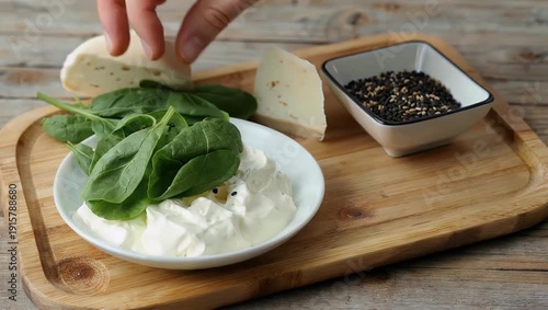 High resolution 4K footage of cheese plate featuring yogurt cheese spinach caciocavallo cheese beautifully arranged culinary display highlighting texture color appetizing 