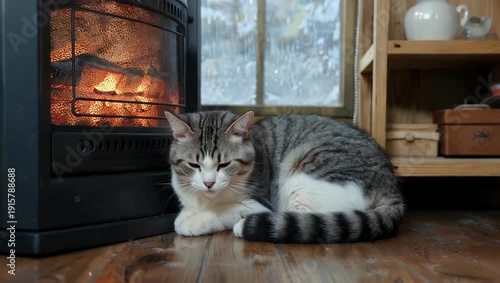 Ultra high resolution 4K footage of cat warming itself during cold winter conditions captured on Apple ProRes 60fps emphasizing fur texture motion cozy lifestyle content animal stock 