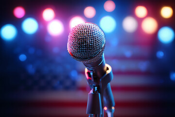 Vintage cabaret microphone on stage with dramatic red white and blue lighting