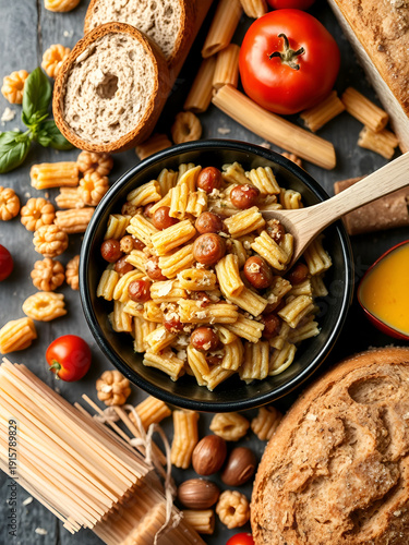 Large high fibre health food of pasta cereals  bread also high in minerals vitamins smart carbs  has a low GI levels Lowers blood pressure  cholesterol and manages diabetes Flat lay :