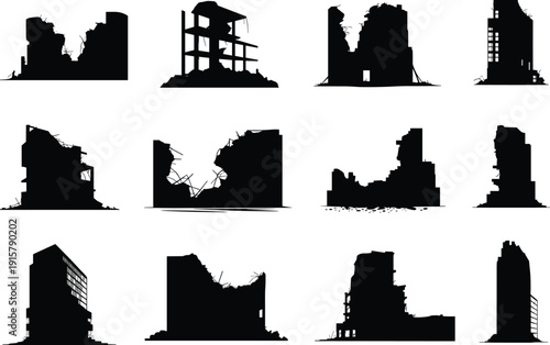 Destroyed building silhouettes set, ruined urban structures collection, disaster aftermath and war damage concept vector illustration isolated on white background