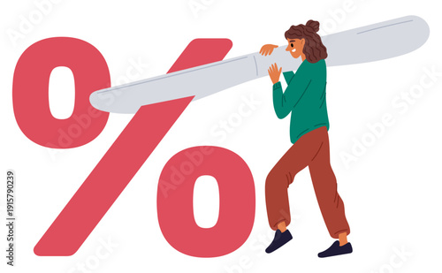 Young woman cuts off percentage sign with knife. Financial recession. Finance crisis. Expense decrease percent. Income reduction. Banking tax cost. Vector concept of monetary inflation