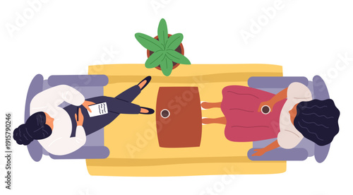 Young woman at psychologists appointment. People sitting on armchairs top view. Psychological consultation. Psychotherapist conversation. Visit for psychoanalysis treatment. Vector concept