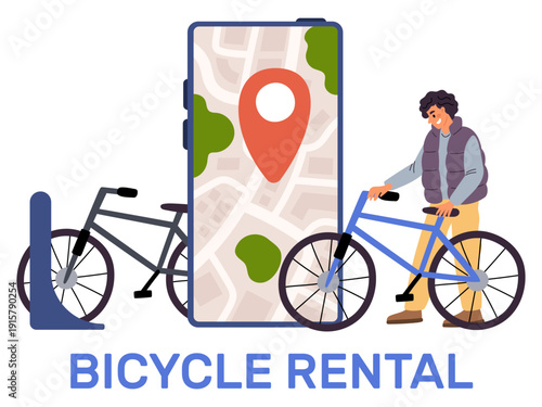 Young man rents bicycle. Mobile application for rental bike service. Urban transportation. Eco vehicle. Smartphone screen. Map GPS location. City navigation phone app. Vector concept