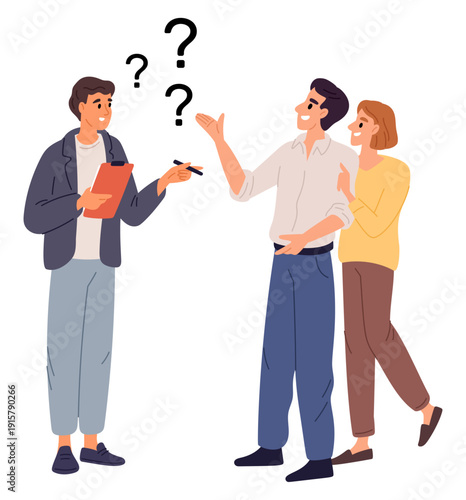 Young man conducts social survey or questionnaire among couple. Interviewer questions. Sociology research. Option interview. People conversation. Talk with sociologist. Vector concept