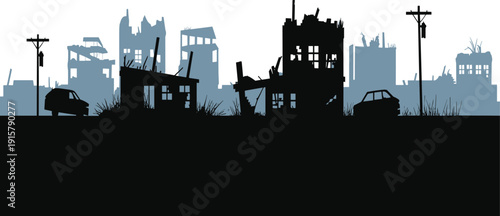Post apocalyptic ruined city skyline silhouette, destroyed buildings and abandoned cars landscape, disaster aftermath urban scene vector illustration isolated background