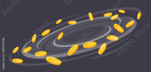 Whirlwind or vortex of gold coins. Money swirling in gust of wind. Golden cash twirl. Financial savings and investment flow. Wealth deposit. Vector precious metal dollar currency motion