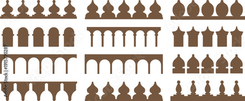 Architectural decorative elements set, classical arches columns and balustrade silhouettes collection, vintage building facade vector illustration isolated on white background